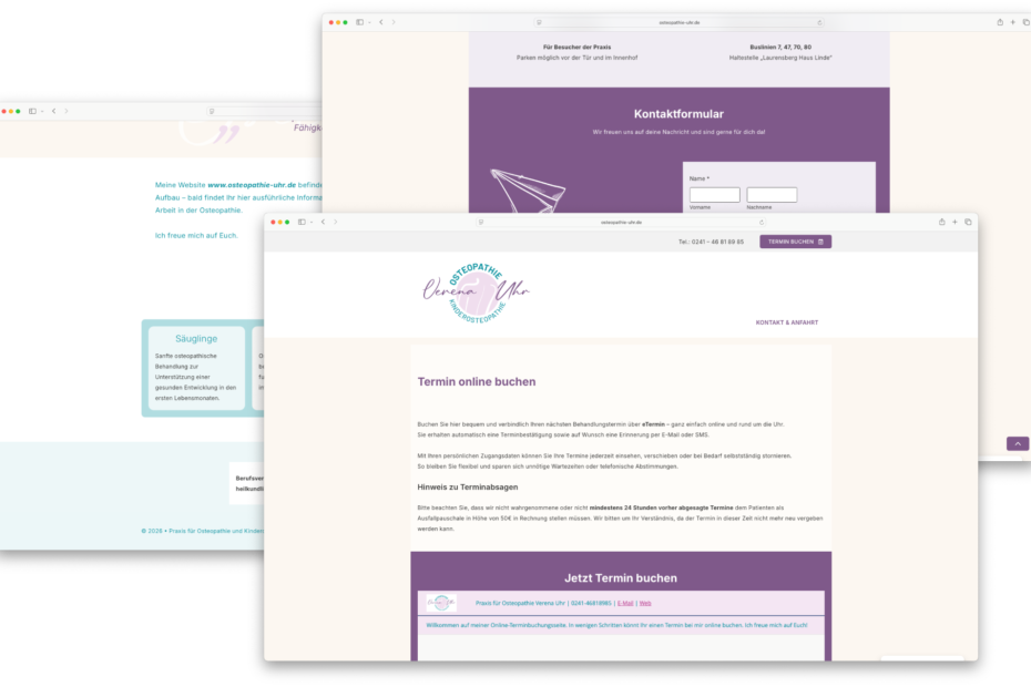 Webseite Osteopathie-Uhr – verschiedene Seiten